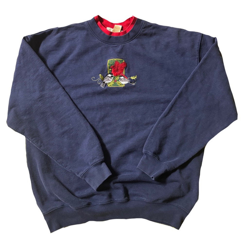 Vintage Christmas Sweater with Embroidered Birds. Grandma Style